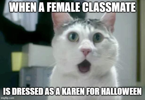 How did her parents allow her to leave the house like that? | WHEN A FEMALE CLASSMATE; IS DRESSED AS A KAREN FOR HALLOWEEN | image tagged in memes,omg cat,halloween,costume,karen,not a true story | made w/ Imgflip meme maker