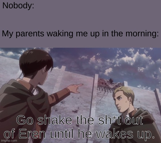 True story | Nobody:                                                    
 
  
My parents waking me up in the morning:; Go shake the sh*t out of Eren until he wakes up. | made w/ Imgflip meme maker