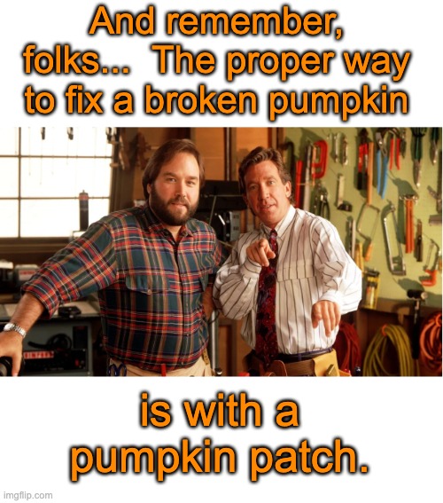 Patch | And remember, folks...  The proper way to fix a broken pumpkin; is with a pumpkin patch. | image tagged in bad pun | made w/ Imgflip meme maker