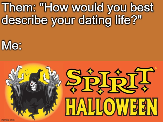 Empty Space | Them: "How would you best
describe your dating life?"
 
Me: | image tagged in spirit halloween banner | made w/ Imgflip meme maker