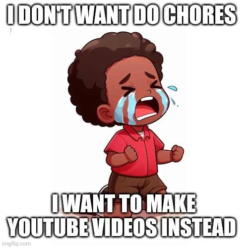 Do make youtube video instead | I DON'T WANT DO CHORES; I WANT TO MAKE YOUTUBE VIDEOS INSTEAD | image tagged in crying kid | made w/ Imgflip meme maker
