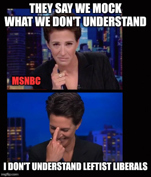 Far from the maddowing crowd | THEY SAY WE MOCK WHAT WE DON'T UNDERSTAND; I DON'T UNDERSTAND LEFTIST LIBERALS | image tagged in rachel maddow serious and laughing,leftists,liberals,liberal logic,politics | made w/ Imgflip meme maker