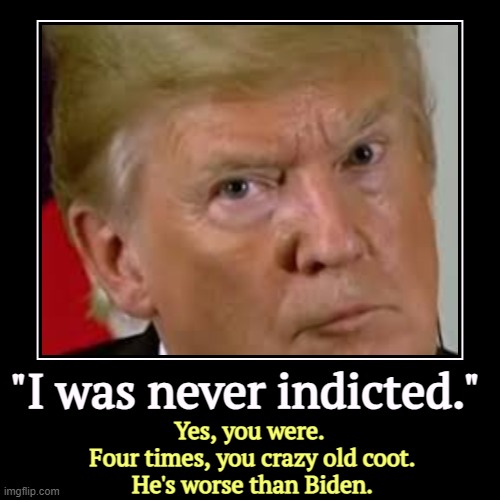 Senile dementia on the Elephant team. | "I was never indicted." | Yes, you were. 
Four times, you crazy old coot.
He's worse than Biden. | image tagged in funny,demotivationals,trump,crazy,old,lunatic | made w/ Imgflip demotivational maker