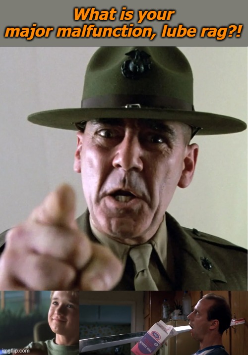 Prototype D | What is your 
major malfunction, lube rag?! | image tagged in r lee ermey,artificial intelligence,david,terminator 2,kill,in the future | made w/ Imgflip meme maker