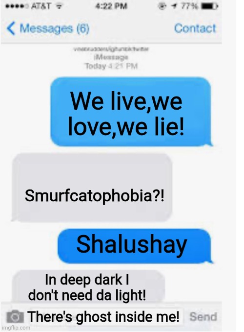Smurf cat has delay about sms... | We live,we love,we lie! Smurfcatophobia?! Shalushay; In deep dark I don't need da light! There's ghost inside me! | image tagged in blank text conversation | made w/ Imgflip meme maker