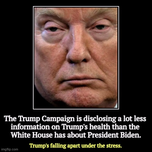 Trump is a sick man and they're hiding it from us. | The Trump Campaign is disclosing a lot less 

information on Trump's health than the 
White House has about President Biden. | Trump's falli | image tagged in funny,demotivationals,donald trump,illness,mental illness,sick | made w/ Imgflip demotivational maker
