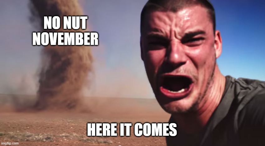 It's almost here | NO NUT NOVEMBER; HERE IT COMES | image tagged in here it comes,no nut november | made w/ Imgflip meme maker