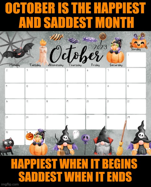 BEST TIME OF THE YEAR! | OCTOBER IS THE HAPPIEST
 AND SADDEST MONTH; HAPPIEST WHEN IT BEGINS 
SADDEST WHEN IT ENDS | image tagged in halloween,october,spooky month | made w/ Imgflip meme maker