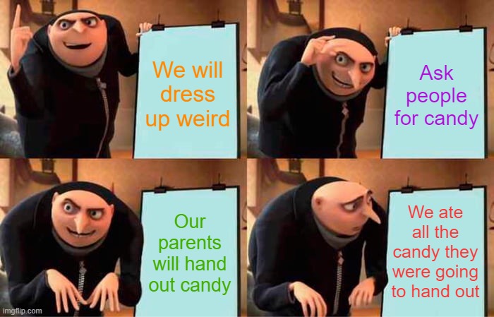 *Points to brother/sister* She did it! | We will dress up weird; Ask people for candy; We ate all the candy they were going to hand out; Our parents will hand out candy | image tagged in memes,gru's plan | made w/ Imgflip meme maker