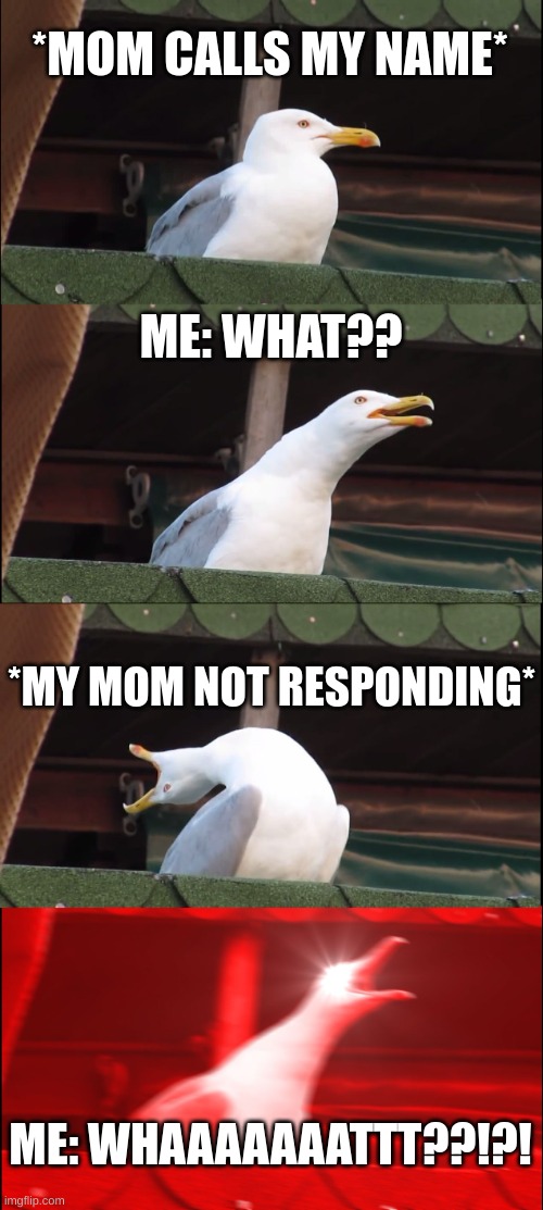 RELATE. | *MOM CALLS MY NAME*; ME: WHAT?? *MY MOM NOT RESPONDING*; ME: WHAAAAAAATTT??!?! | image tagged in memes,inhaling seagull | made w/ Imgflip meme maker