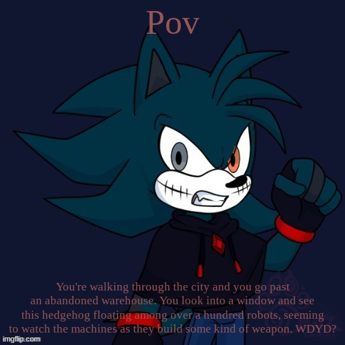 Adventure/combat roleplay! No joke OCs, powerplay allowed, no god modding | Pov; You're walking through the city and you go past an abandoned warehouse. You look into a window and see this hedgehog floating among over a hundred robots, seeming to watch the machines as they build some kind of weapon. WDYD? | image tagged in roleplay,combat adventure | made w/ Imgflip meme maker