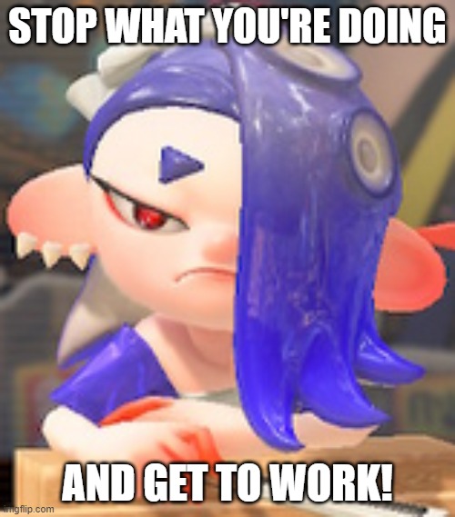 "Stop slacking off" -shiver said | STOP WHAT YOU'RE DOING; AND GET TO WORK! | image tagged in angry shiver,work,splatoon,memes,westerns | made w/ Imgflip meme maker