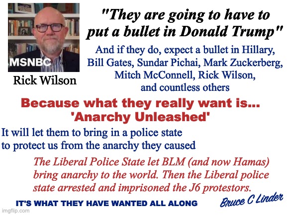 Rick Wilson | "They are going to have to put a bullet in Donald Trump"; And if they do, expect a bullet in Hillary,
Bill Gates, Sundar Pichai, Mark Zuckerberg,
Mitch McConnell, Rick Wilson,
and countless others; Rick Wilson; Because what they really want is...
'Anarchy Unleashed'; It will let them to bring in a police state
to protect us from the anarchy they caused; The Liberal Police State let BLM (and now Hamas)
bring anarchy to the world. Then the Liberal police
state arrested and imprisoned the J6 protestors. Bruce C Linder; IT'S WHAT THEY HAVE WANTED ALL ALONG | image tagged in rick wilson,liberals,death threat,donald trump,djt 45,djt 47 | made w/ Imgflip meme maker