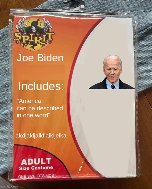 happy halloween | Joe Biden; Includes:; "America can be described in one word"; akdjakljalkflalkljelka | image tagged in spirit halloween | made w/ Imgflip meme maker
