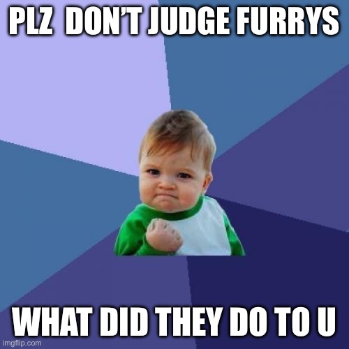 Me | PLZ  DON’T JUDGE FURRYS; WHAT DID THEY DO TO U | image tagged in memes,success kid | made w/ Imgflip meme maker