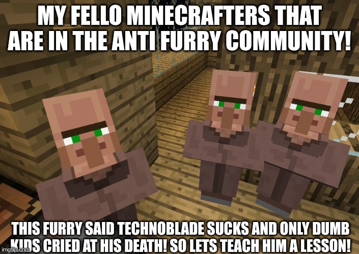 Lets get this furry out of here! | MY FELLO MINECRAFTERS THAT ARE IN THE ANTI FURRY COMMUNITY! THIS FURRY SAID TECHNOBLADE SUCKS AND ONLY DUMB KIDS CRIED AT HIS DEATH! SO LETS TEACH HIM A LESSON! | image tagged in minecraft villagers,technoblade | made w/ Imgflip meme maker