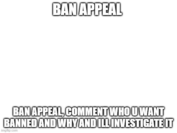 pls dont spam here or have conversations, it makes my job easier | BAN APPEAL; BAN APPEAL, COMMENT WHO U WANT BANNED AND WHY AND ILL INVESTIGATE IT | image tagged in ban appeal | made w/ Imgflip meme maker