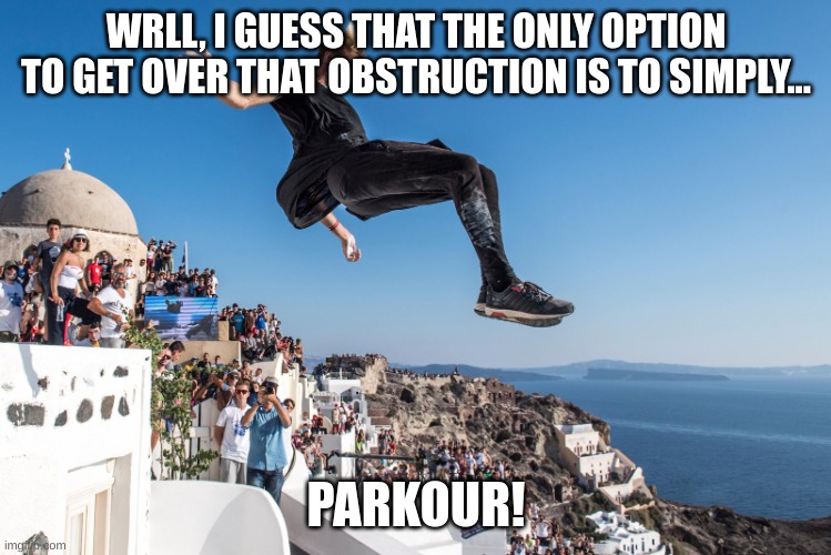 parkour | WRLL, I GUESS THAT THE ONLY OPTION TO GET OVER THAT OBSTRUCTION IS TO SIMPLY... PARKOUR! | image tagged in parkour | made w/ Imgflip meme maker