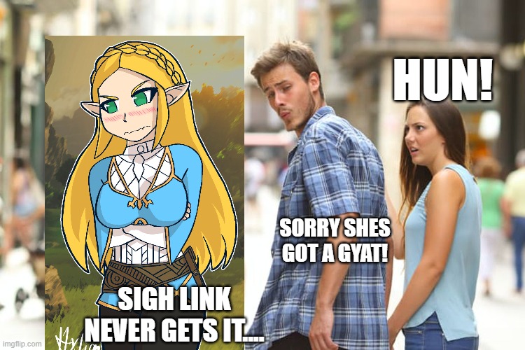 Distracted Boyfriend | HUN! SORRY SHES GOT A GYAT! SIGH LINK NEVER GETS IT.... | image tagged in memes,distracted boyfriend | made w/ Imgflip meme maker