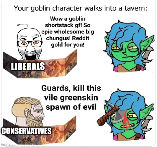 Cons vs Libs on DnD xenos: | LIBERALS; CONSERVATIVES | image tagged in funny,stupid liberals,politics,soyjak vs chad,illegal immigration | made w/ Imgflip meme maker