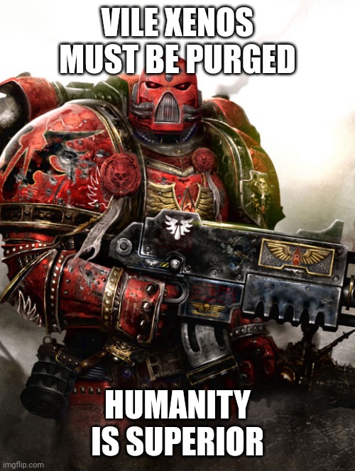 Warhammer 4K Blood Angel | VILE XENOS MUST BE PURGED HUMANITY IS SUPERIOR | image tagged in warhammer 4k blood angel | made w/ Imgflip meme maker