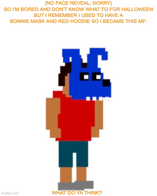 Idk :/ | (NO FACE REVEAL, SORRY)
SO I’M BORED AND DON’T KNOW WHAT TO FOR HALLOWEEN BUT I REMEMBER I USED TO HAVE A BONNIE MASK AND RED HOODIE SO I BECAME THIS MF:; WHAT DO YA THINK? | image tagged in fnaf 4,fnaf,halloween | made w/ Imgflip meme maker