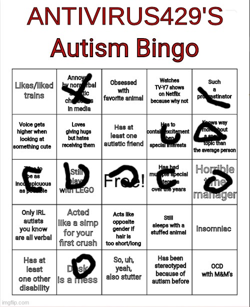 my bingo | ANTIVIRUS429'S | image tagged in darthtricera's autism bingo | made w/ Imgflip meme maker