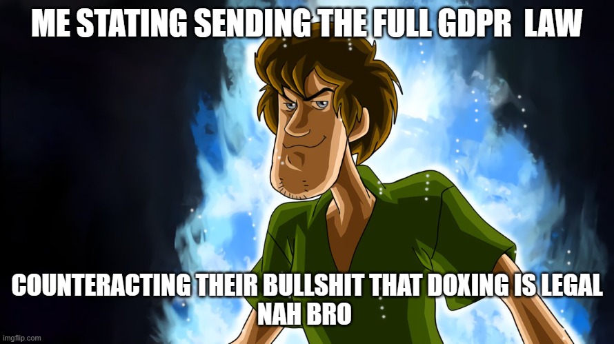 Ultra instinct shaggy | ME STATING SENDING THE FULL GDPR  LAW; COUNTERACTING THEIR BULLSHIT THAT DOXING IS LEGAL
NAH BRO | image tagged in ultra instinct shaggy | made w/ Imgflip meme maker