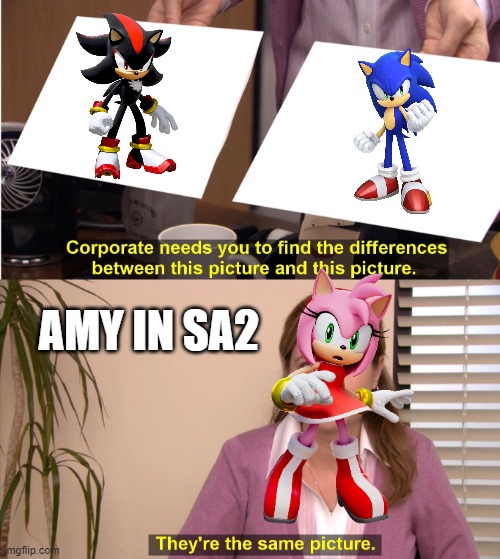 Amy can't tell if shadow is sonic or if sonic is shadow lol XD | AMY IN SA2 | image tagged in they're the same picture meme | made w/ Imgflip meme maker