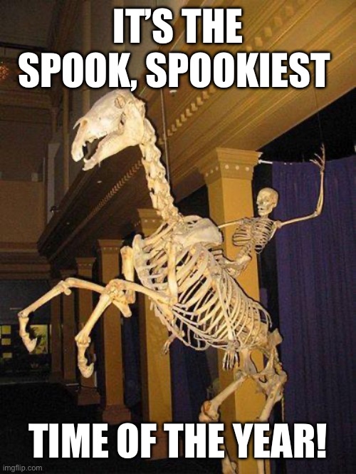 Happy Halloween | IT’S THE SPOOK, SPOOKIEST; TIME OF THE YEAR! | image tagged in spooky horse and rider skeleton | made w/ Imgflip meme maker