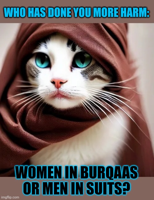This #lolcat wonders why we are scared of how a person dresses | WHO HAS DONE YOU MORE HARM:; WOMEN IN BURQAAS
OR MEN IN SUITS? | image tagged in burqa,hijab,muslims,suits,lolcat | made w/ Imgflip meme maker