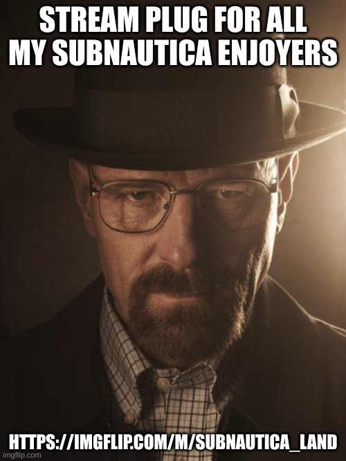 https://imgflip.com/m/Subnautica_land | STREAM PLUG FOR ALL MY SUBNAUTICA ENJOYERS; HTTPS://IMGFLIP.COM/M/SUBNAUTICA_LAND | image tagged in walter white | made w/ Imgflip meme maker