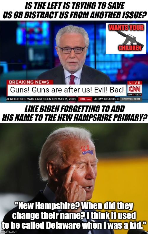 I wonder if Dems are trying to obfuscate embarassing facts about the President (again)? | IS THE LEFT IS TRYING TO SAVE US OR DISTRACT US FROM ANOTHER ISSUE? WANTS YOUR; CHILDREN; Guns! Guns are after us! Evil! Bad! LIKE BIDEN FORGETTING TO ADD HIS NAME TO THE NEW HAMPSHIRE PRIMARY? "New Hampshire? When did they change their name? I think it used to be called Delaware when I was a kid." | image tagged in cnn wolf of fake news fanfiction,biden confused,guns,liberal logic,hypocrisy,biased media | made w/ Imgflip meme maker