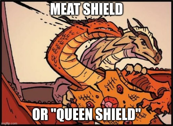 Heh. "Queen Shield". | MEAT SHIELD; OR "QUEEN SHIELD" | image tagged in queen scarlet hit with venom | made w/ Imgflip meme maker
