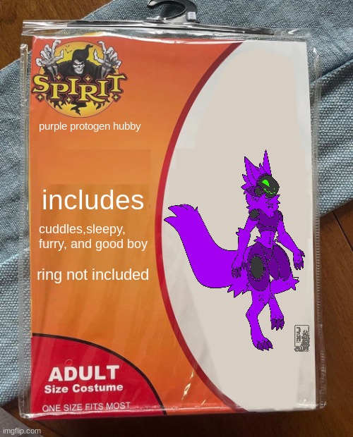 protogen hubby | purple protogen hubby; includes; cuddles,sleepy, furry, and good boy; ring not included | image tagged in spirit halloween | made w/ Imgflip meme maker