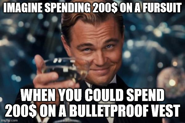 Leonardo Dicaprio Cheers Meme | IMAGINE SPENDING 200$ ON A FURSUIT; WHEN YOU COULD SPEND 200$ ON A BULLETPROOF VEST | image tagged in memes,leonardo dicaprio cheers | made w/ Imgflip meme maker