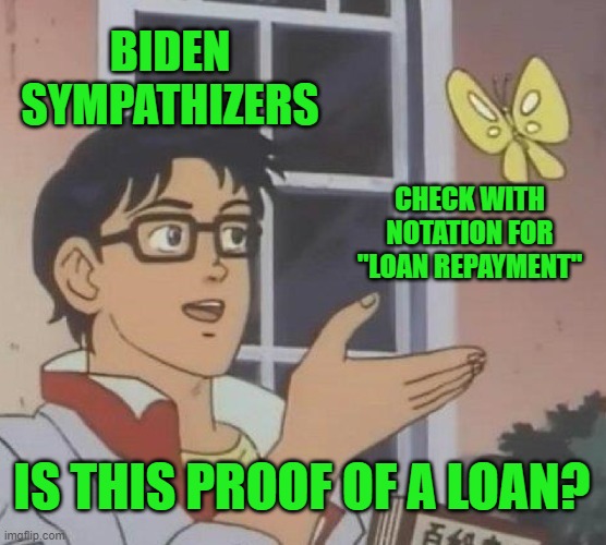 Suspending Doubt | BIDEN SYMPATHIZERS; CHECK WITH NOTATION FOR "LOAN REPAYMENT"; IS THIS PROOF OF A LOAN? | image tagged in memes,is this a pigeon | made w/ Imgflip meme maker