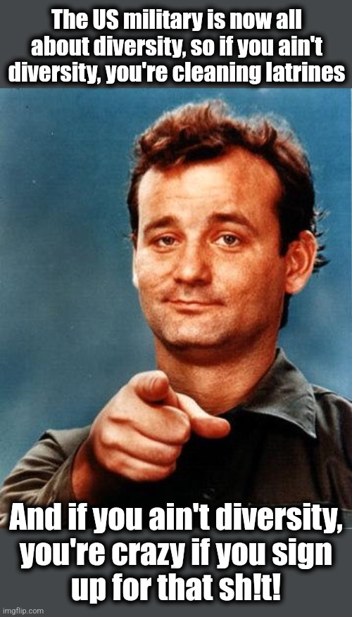 Bill Murray  | The US military is now all about diversity, so if you ain't diversity, you're cleaning latrines And if you ain't diversity,
you're crazy if  | image tagged in bill murray | made w/ Imgflip meme maker