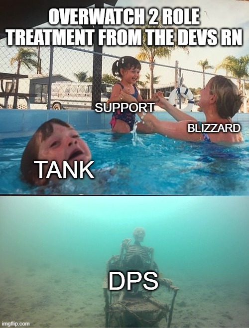 Overwatch 2 Role Treatment from the Devs rn | OVERWATCH 2 ROLE TREATMENT FROM THE DEVS RN; SUPPORT; BLIZZARD; TANK; DPS | image tagged in mother ignoring kid drowning in a pool | made w/ Imgflip meme maker