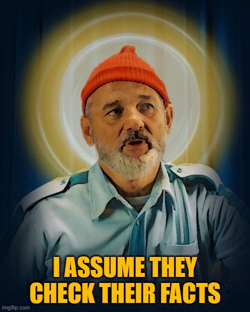Fact checking | I ASSUME THEY CHECK THEIR FACTS | image tagged in bill murray,the life aquatic,steve zissou,wes anderson | made w/ Imgflip meme maker