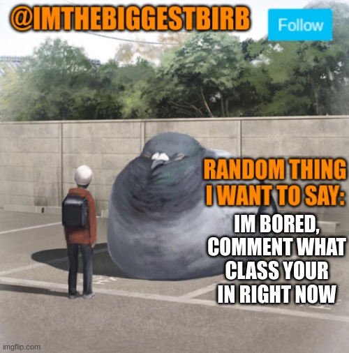 if your at home just say that | IM BORED, COMMENT WHAT CLASS YOUR IN RIGHT NOW | image tagged in biggestbirb announcement template | made w/ Imgflip meme maker