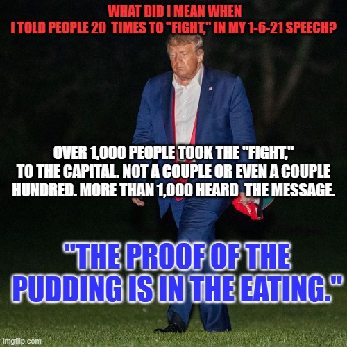 Believe the proof of your eyes and ears. | WHAT DID I MEAN WHEN I TOLD PEOPLE 20  TIMES TO "FIGHT," IN MY 1-6-21 SPEECH? OVER 1,000 PEOPLE TOOK THE "FIGHT," TO THE CAPITAL. NOT A COUPLE OR EVEN A COUPLE HUNDRED. MORE THAN 1,000 HEARD  THE MESSAGE. "THE PROOF OF THE PUDDING IS IN THE EATING." | image tagged in politics | made w/ Imgflip meme maker