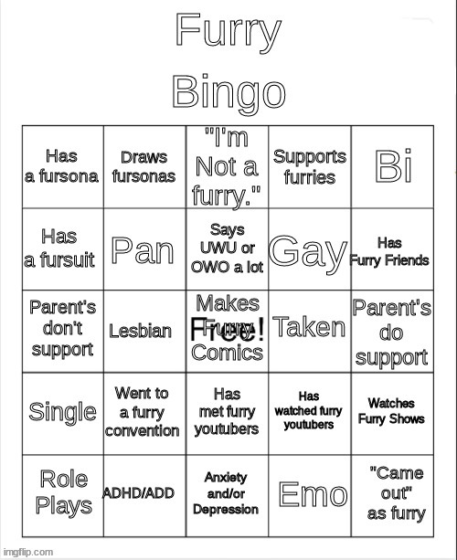 my furry bingo card | image tagged in furry bingo | made w/ Imgflip meme maker