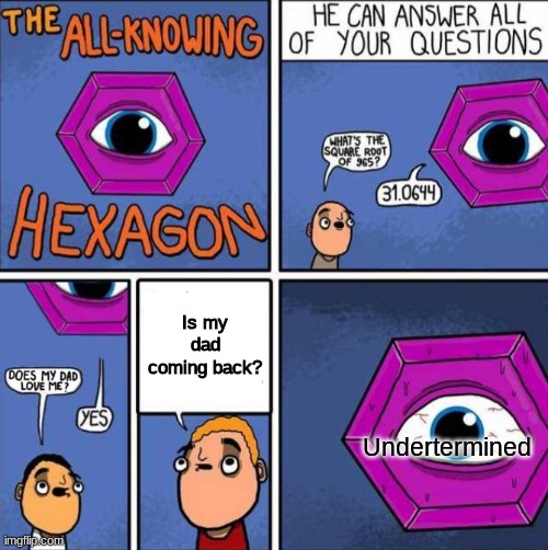 All knowing hexagon (ORIGINAL) | Is my dad coming back? Undertermined | image tagged in all knowing hexagon original | made w/ Imgflip meme maker