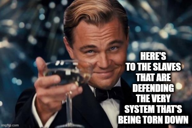 Leonardo Dicaprio Cheers | HERE'S TO THE SLAVES THAT ARE DEFENDING THE VERY SYSTEM THAT'S BEING TORN DOWN | image tagged in memes,leonardo dicaprio cheers | made w/ Imgflip meme maker
