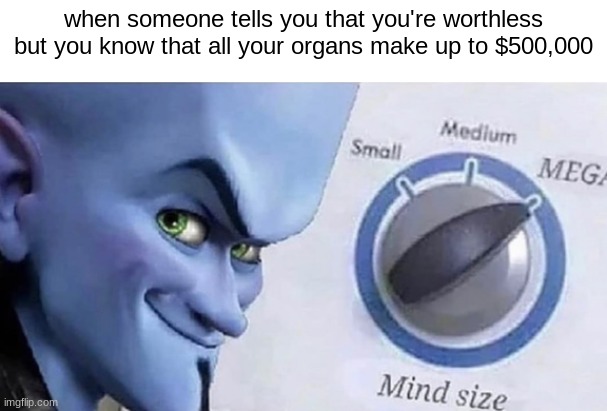 im just smarter | when someone tells you that you're worthless but you know that all your organs make up to $500,000 | image tagged in megamind brain | made w/ Imgflip meme maker
