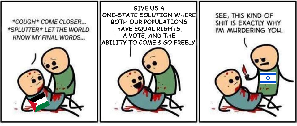 Yep. | GIVE US A ONE-STATE SOLUTION WHERE BOTH OUR POPULATIONS HAVE EQUAL RIGHTS, A VOTE, AND THE ABILITY TO COME & GO FREELY. | image tagged in murdering you,israel,palestine,genocide | made w/ Imgflip meme maker