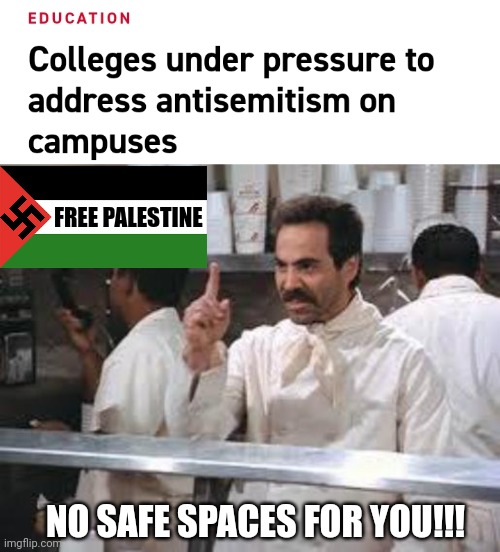 FREE PALESTINE; NO SAFE SPACES FOR YOU!!! | image tagged in no soup | made w/ Imgflip meme maker
