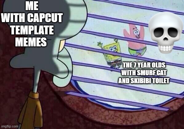 idk | ME WITH CAPCUT TEMPLATE MEMES; THE 7 YEAR OLDS WITH SMURF CAT AND SKIBIBI TOILET | image tagged in squidward window | made w/ Imgflip meme maker