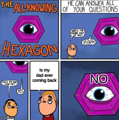 All knowing hexagon (ORIGINAL) | Is my dad ever coming back; NO | image tagged in all knowing hexagon original | made w/ Imgflip meme maker